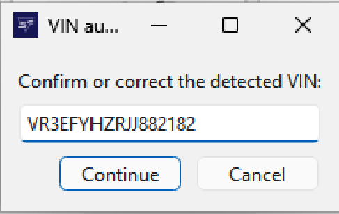 Fenêtre de confirmation du VIN détecté